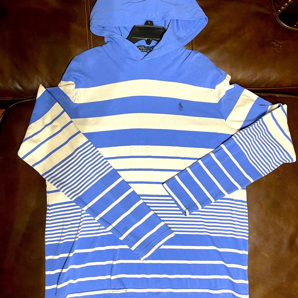 Polo Ralph Lauren Blue and White stripe with hoodie. Sz Lg Excellent Condition